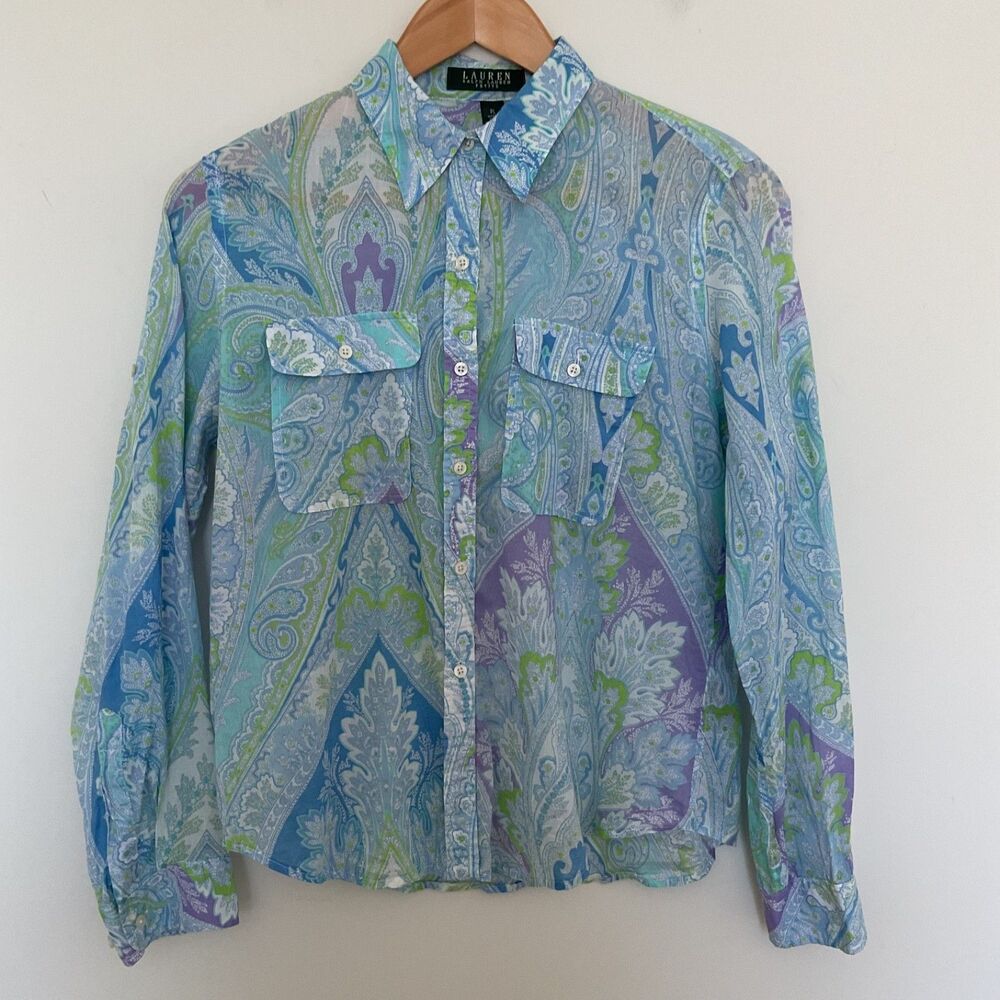 Lauren Ralph Lauren Sz PL Paisley Blue Green Cotton Button-Up Shirt Lightweight